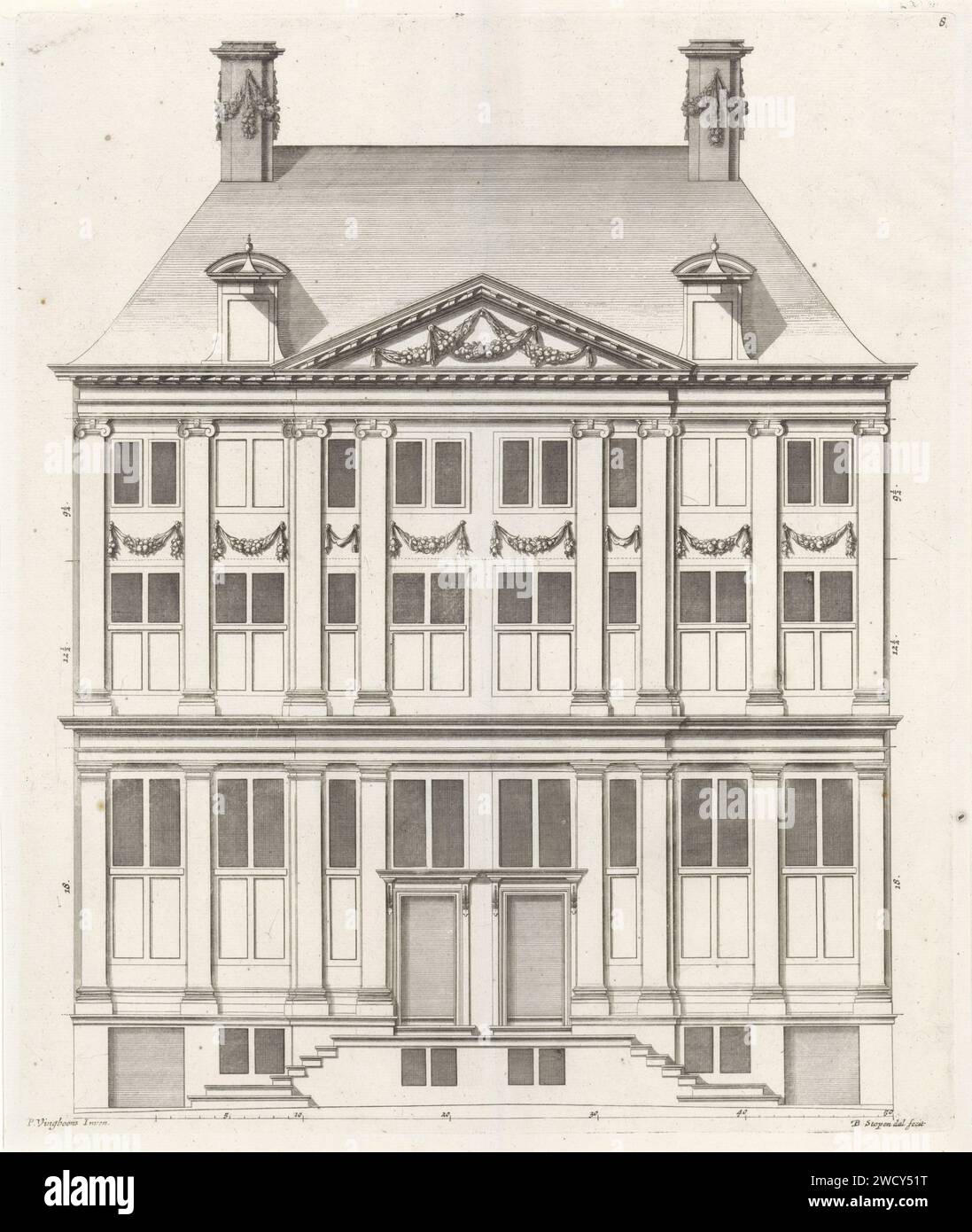 Facade of a double house on the Oudezijds Voorburgwal in Amsterdam, Bastiaen Stopendael, after Philips Vinckboons (II), 1674 print Facade of the Double Woonhuis on the Oudezijds Voorburgwal 205-207 in Amsterdam. The house was designed by Philips Vingboons for Jan and Hendrik Schuyt in 1650. Amsterdam paper etching / engraving exterior  architectural design or model Oudezijds Voorburgwal Stock Photo