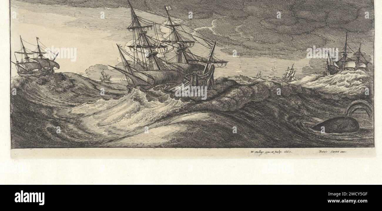 War ships and a whale in a sea storm, Wenceslaus Hollar, 1665 print  London paper etching swimming mammals: whale. storm at sea. warfare; military affairs (+ sailing-ships). sailing-ship, sailing-boat Stock Photo