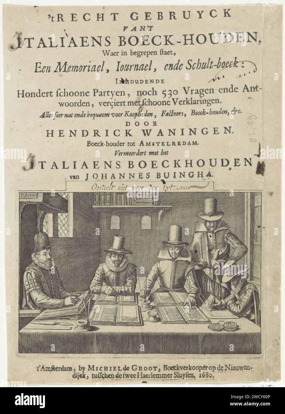 Bookkeepers at work, Pieter Serwouters, 1680 print Math school in which the accounting is taught. At a table is on the left, in a chair with canopy, the calculator. Three students are writing with calculation books. A fourth is watching the table on the right. A bookshelf and two writing tablets against the back wall of the departure. There above the meaning 'does not judge for the tyt'. Above the image the title of the book, the name of the author and a short content of content. Under the print the impressum. Amsterdam paper etching / engraving book-keeping, accountant. bookshelves. writing t Stock Photo