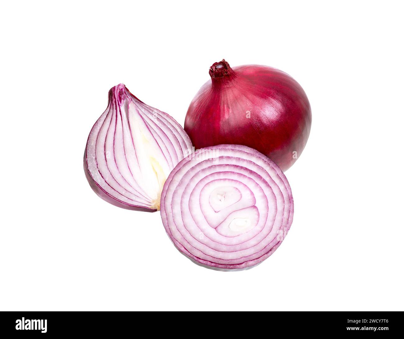 Onion. Whole and sliced onions isolated on white background. Full depth of field. Stock Photo