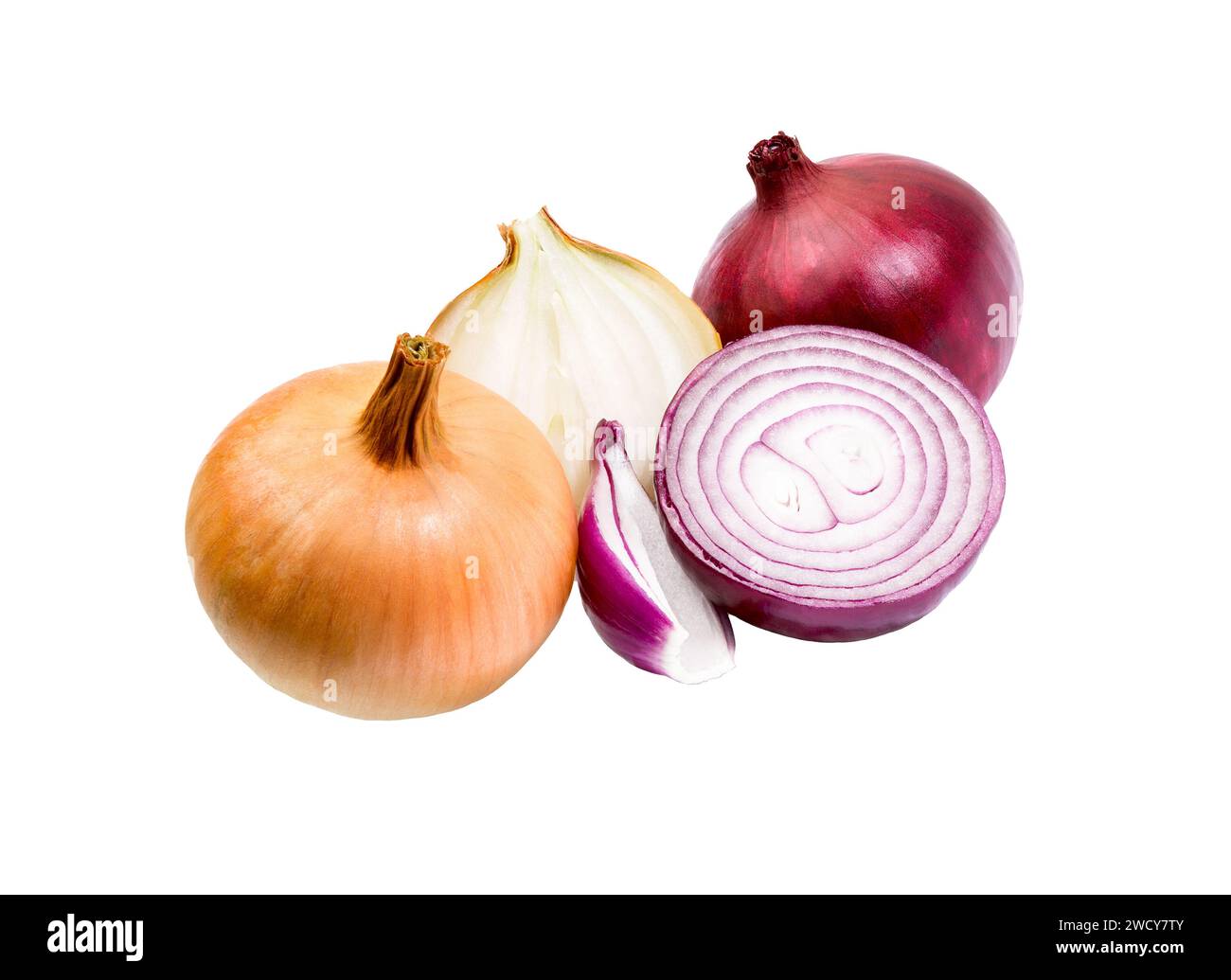 Onion. Whole and sliced onions isolated on white background. Full depth of field. Stock Photo