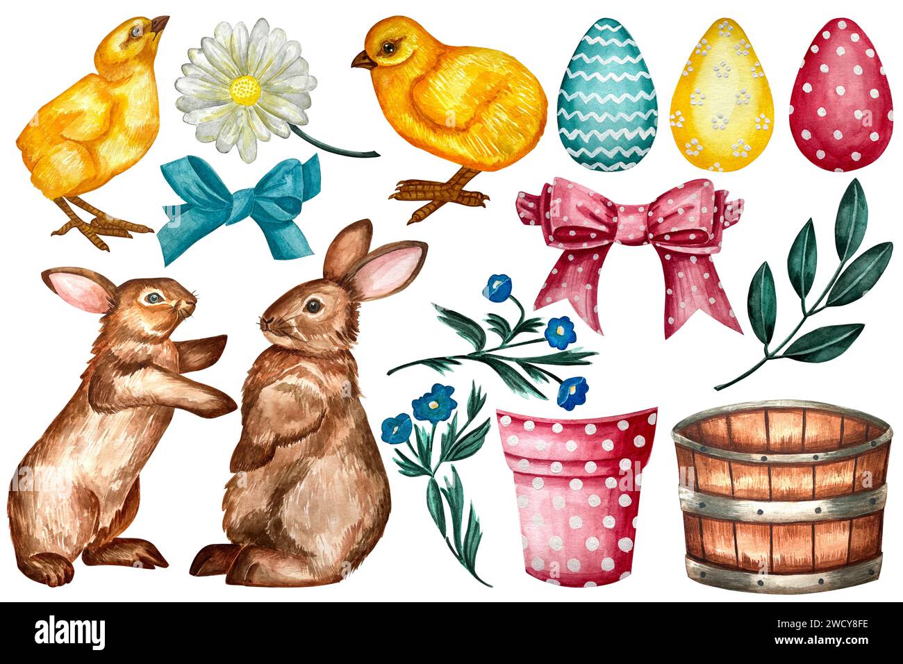 Watercolor easter clipart. Set of eggs, basket, bunny, chicken, grass, spring blossom branch, ribbon. Hand painted illustration isolated on white back Stock Photo