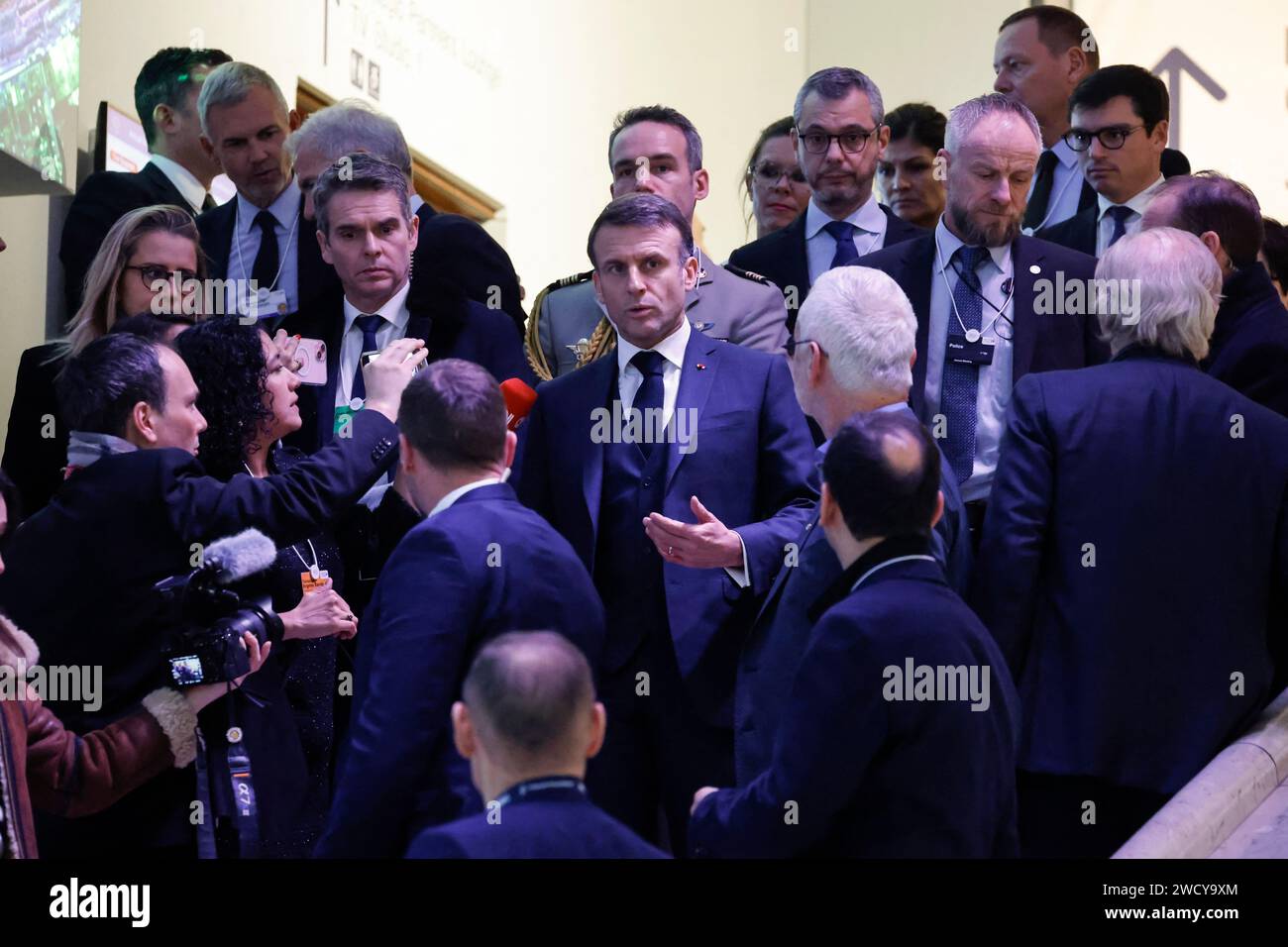Davos, Switzerland. 17th Jan, 2024. French President Emmanuel Macron (C
