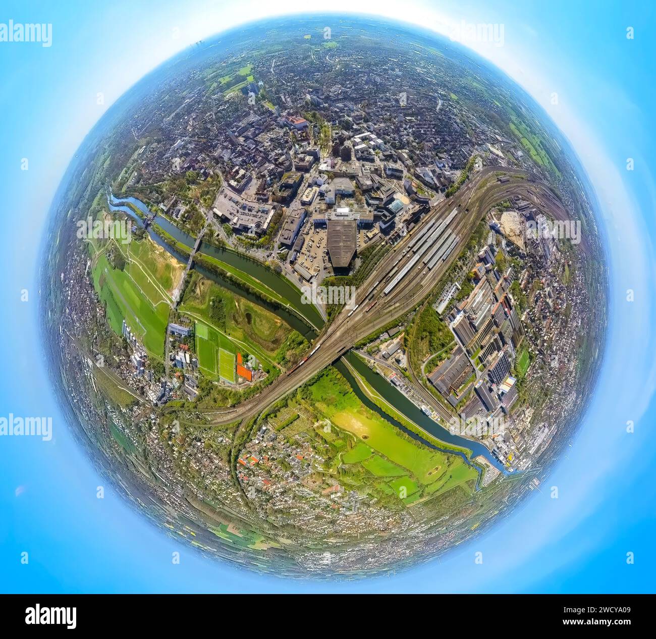 Aerial view, Hamm main station, station district, city, river Lippe and Datteln-Hamm canal, globe, fisheye shot, 360 degree shot, center, Hamm, Ruhr a Stock Photo
