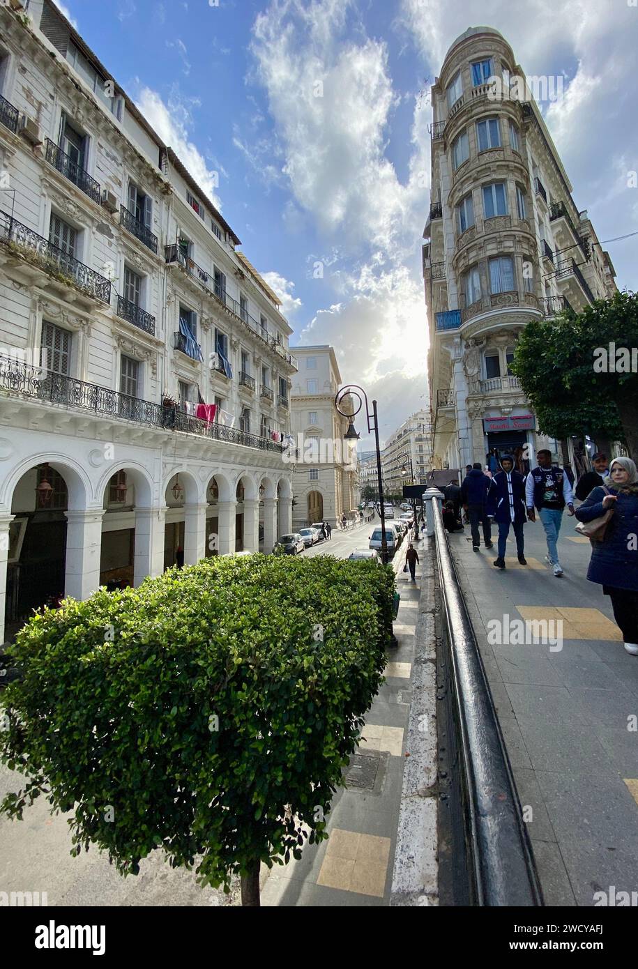 Algiers cityscape, French colonial side of the city of Algiers Algeria.Modern city has many old French type buildings Stock Photo