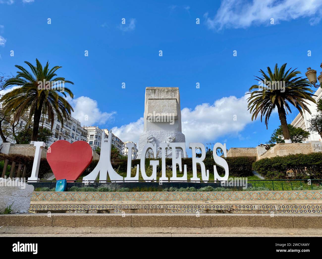 I love Algiers sculpture in Freedom Boulevard monument in jardin horloge florale park in Algiers Algeria Stock Photo