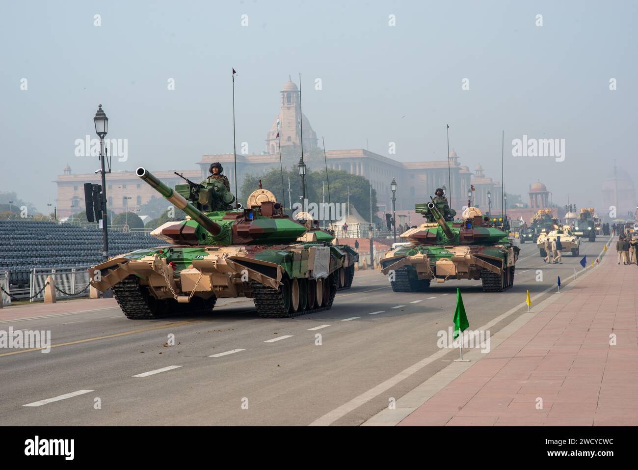 New Delhi, India. 17th Jan, 2024. T-90 (Bhisma) tanks take part during a rehearsal ahead of the upcoming Republic Day parade on Kartavya path, New Delhi. India is Celebrating the 75th Republic Day. Credit: SOPA Images Limited/Alamy Live News Stock Photo