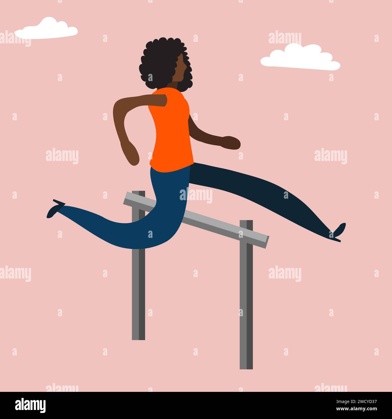 Overcoming Hurdles, Obstacles.  Business person overcoming obstacles in the workplace concept.  Woman beating a challenge or problem concept Stock Vector