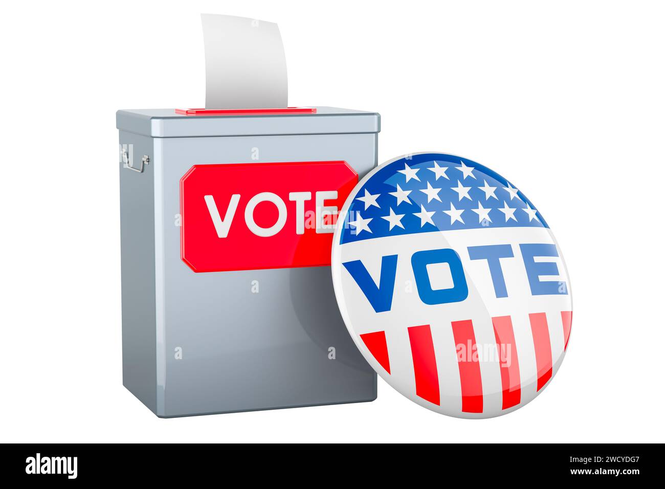 Ballot box with vote badge. Election in the USA, concept. 3D rendering ...