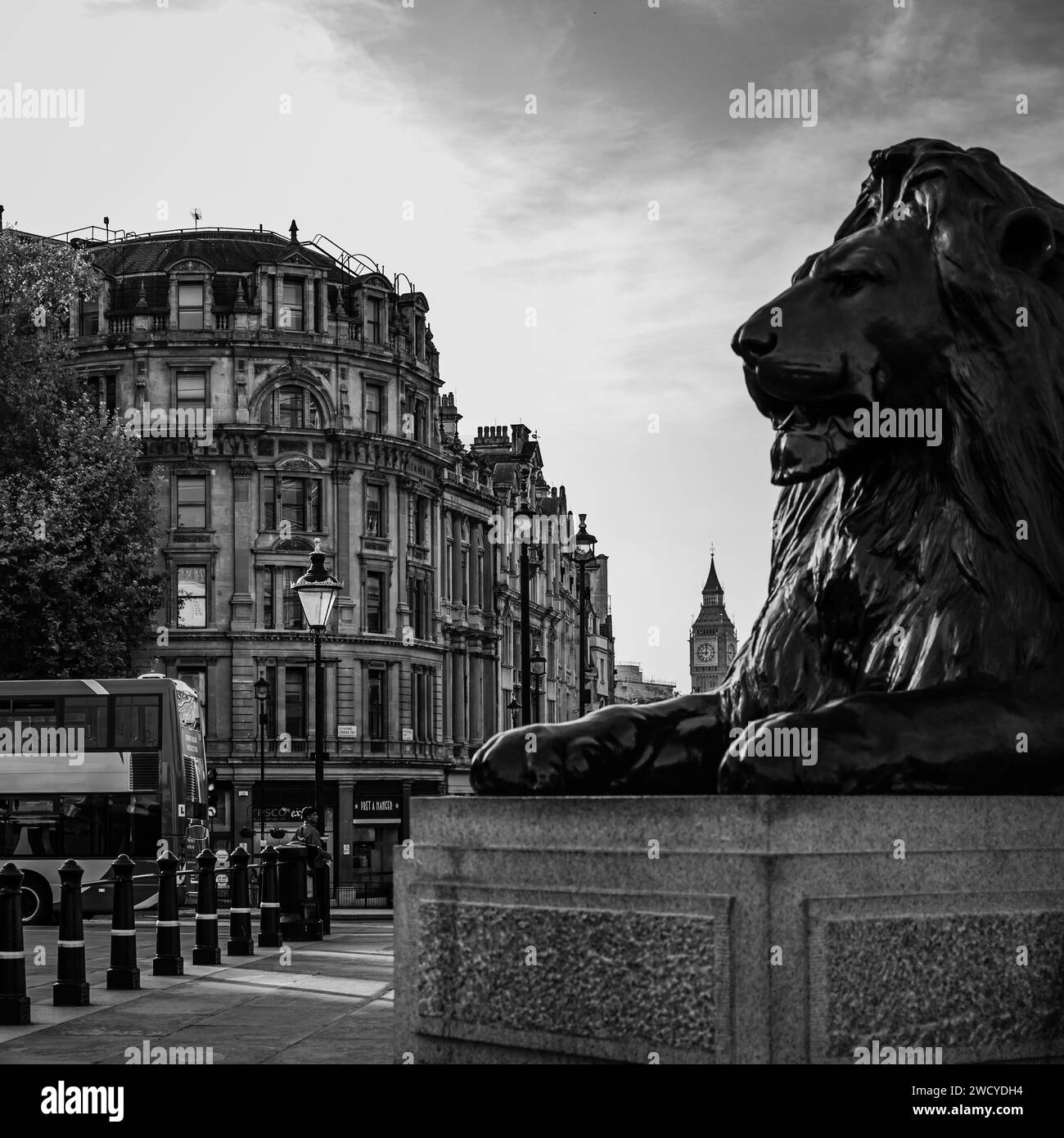 London, 07th October 2023: One of the four Lions at Trafalgar Square, Queen Elizabeth Tower in the background. Stock Photo
