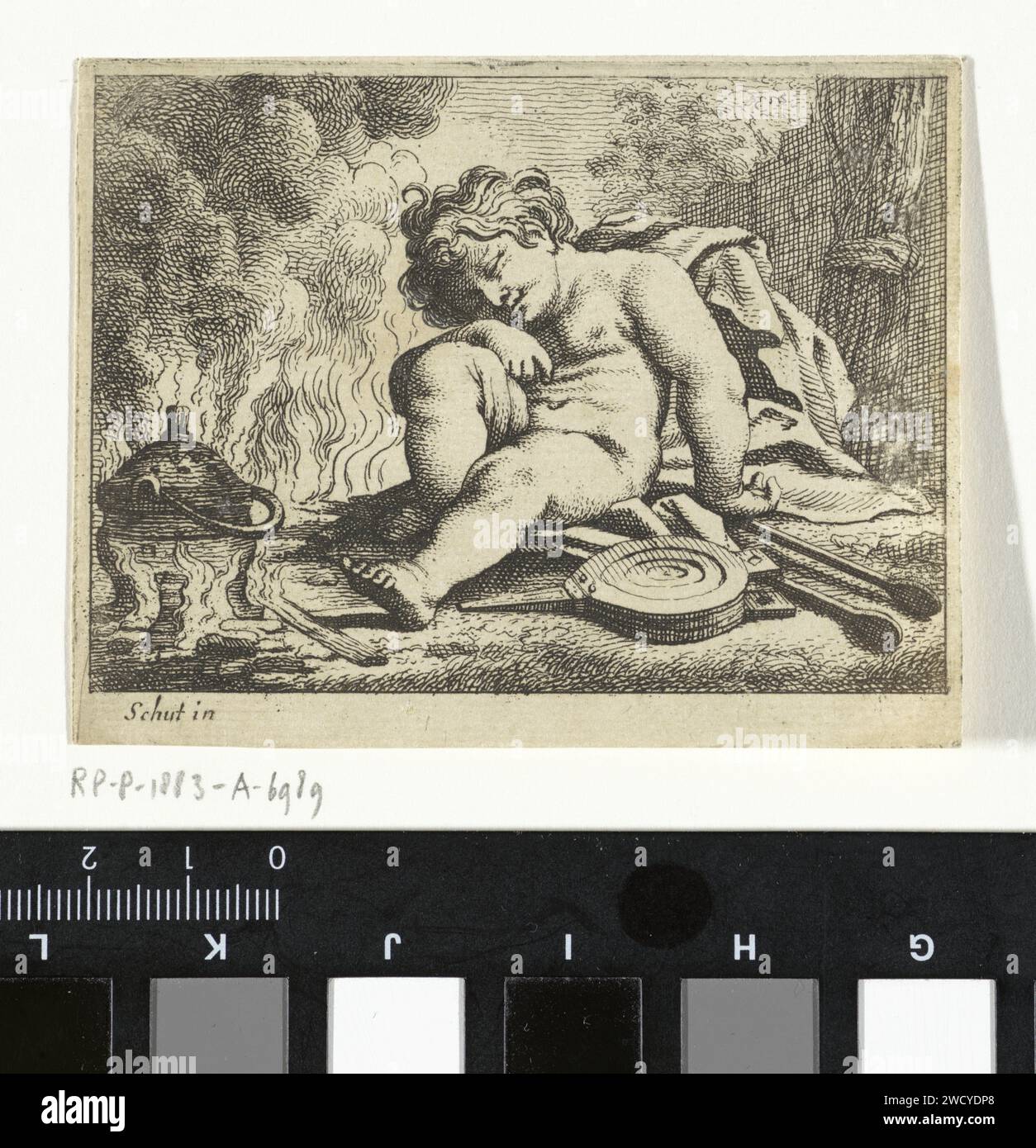 Sleeping Putto, Anonymous, After Cornelis Schut (I), 1618 - 1705 print A putto has fallen a sleep, while next to him a pot is on the fire. A fire started behind him. There are a bladder ball and a tongs with him. print maker: Low Countriesafter design by: Antwerp paper etching cupids: 'amores', 'amoretti', 'putti'. sleeping on the ground. bellows. fire-tongs. on fire, ablaze Stock Photo
