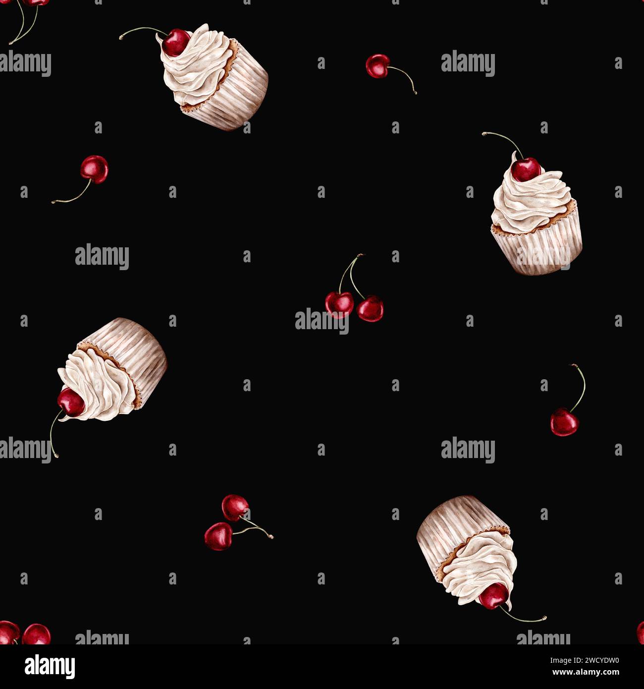 Seamless pattern watercolor sweets cupcake with cherry. Design holidays ...