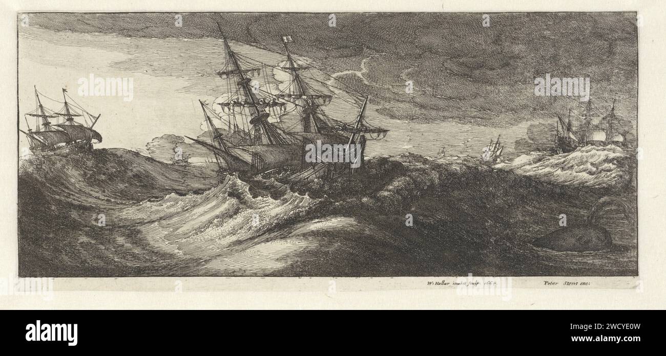 War ships and a whale in a sea storm, Wenceslaus Hollar, 1665 print  London paper etching swimming mammals: whale. storm at sea. warfare; military affairs (+ sailing-ships). sailing-ship, sailing-boat Stock Photo