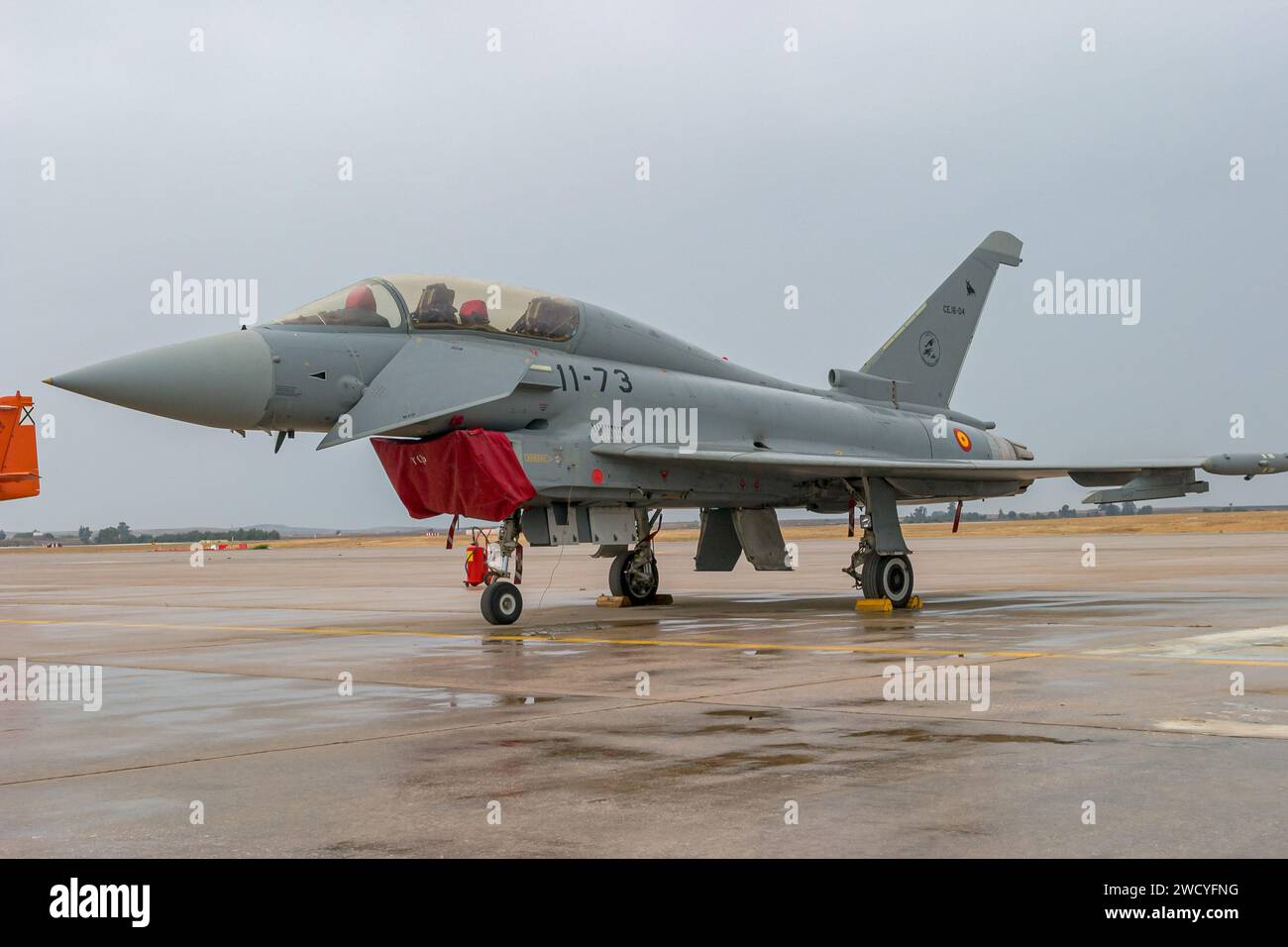MORÓN DE LA FRONTERA, SPAIN-OCT 09: Aircraft Eurofighter Typhoon C-16 taking part in a exhibition on the open day of the airbase of Morón on October 0 Stock Photo