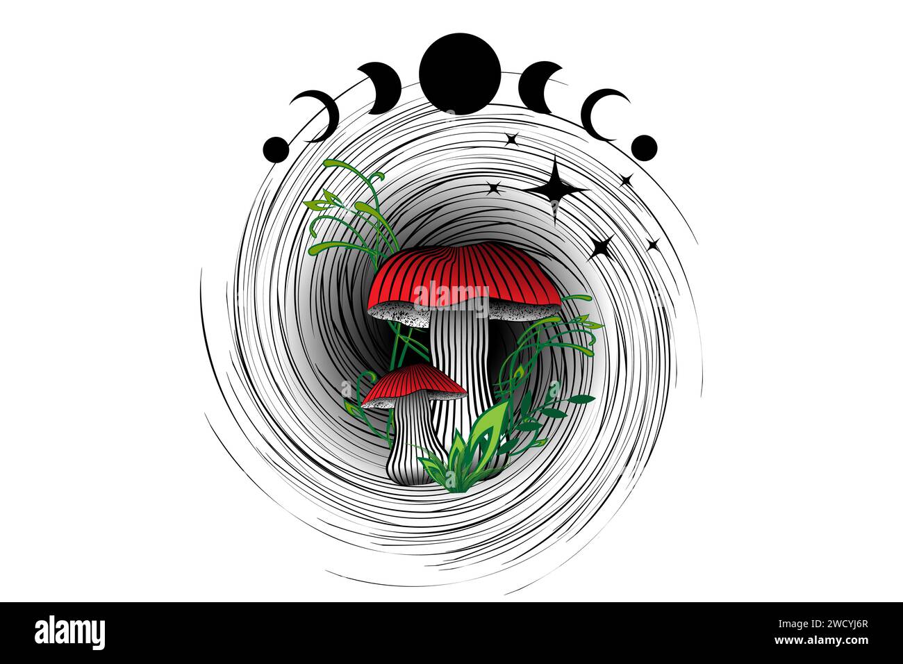 Magic mushrooms on mystical spiral hole in boho style, celestial Amanita Muscaria, Moon Phase, witchcraft symbol, witchy esoteric colorful logo tattoo Stock Vector