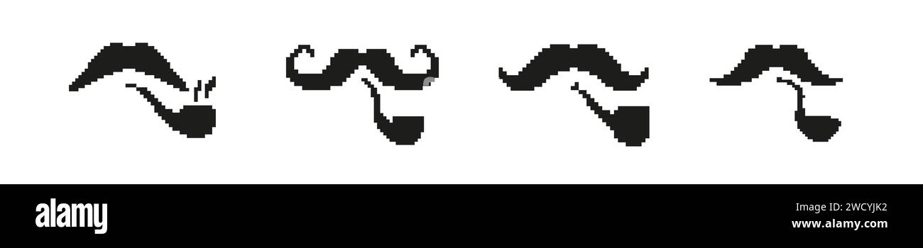 Pixel mustache with smoking pipe set Stock Vector
