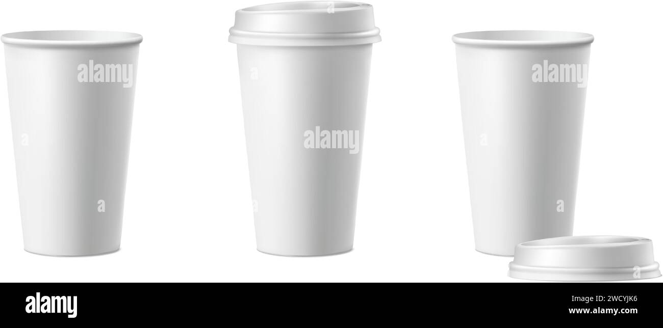 3d realistic vector icon illustration. White paper coffee cups with and withuot lid. Isolated on white background. Stock Vector