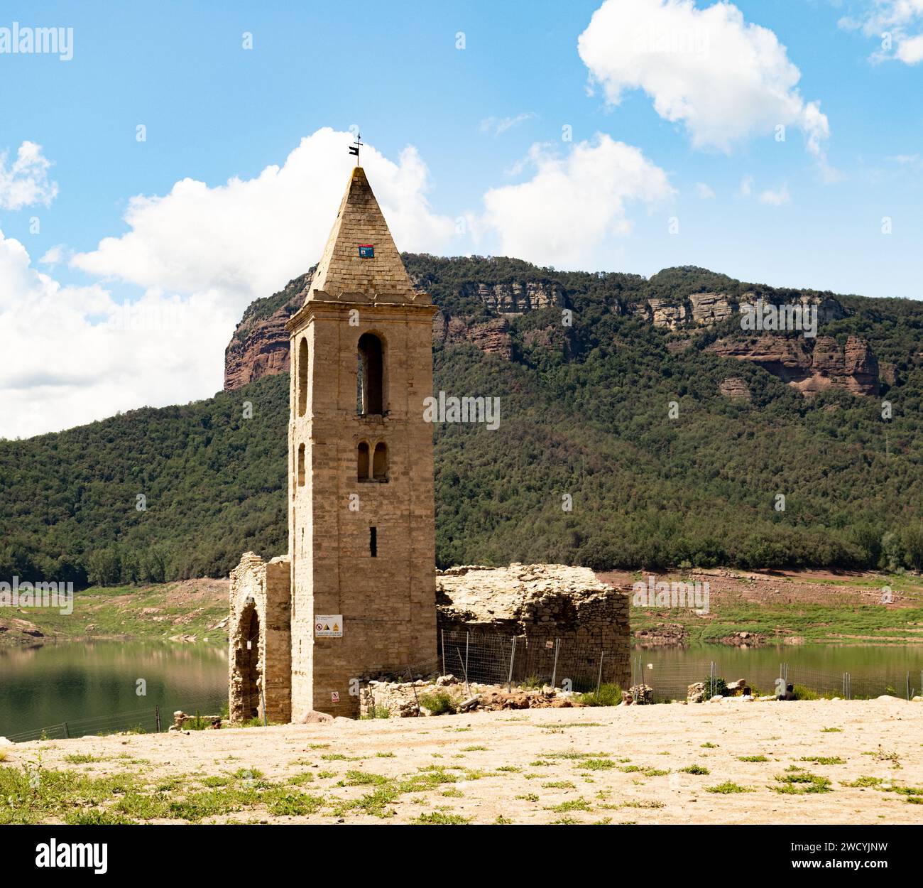 Church in Sau Swamp during the drought. Scarcity of water in Spain, environmental problems Stock