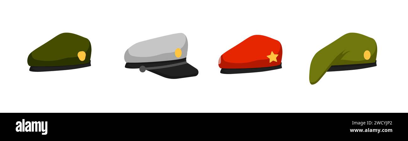 Military headdresses set. Caps and red berets of soldiers and officers Stock Vector