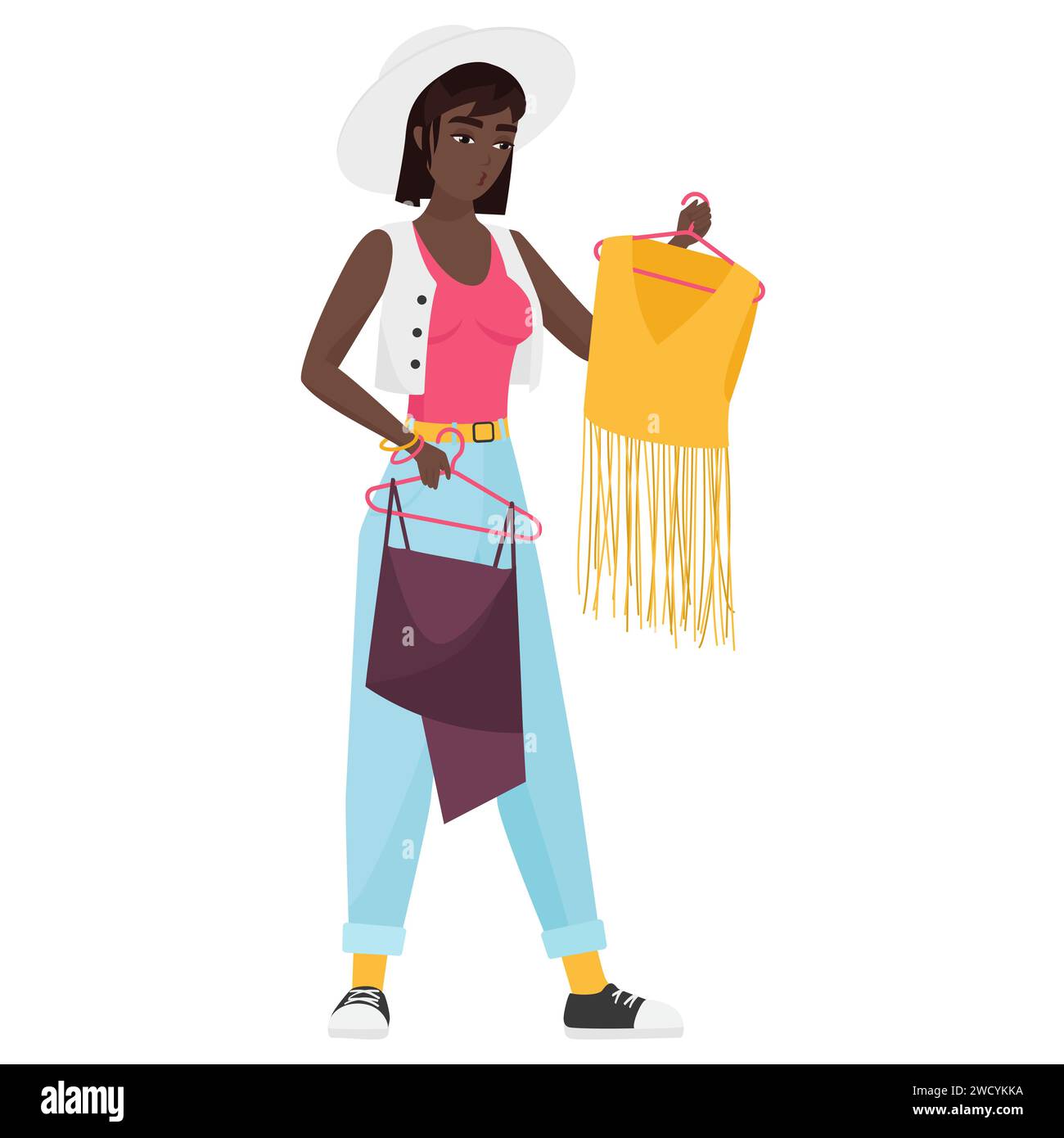 Hipster black girl choosing outfit. Cool girl with fashion modern clothes cartoon vector illustration Stock Vector
