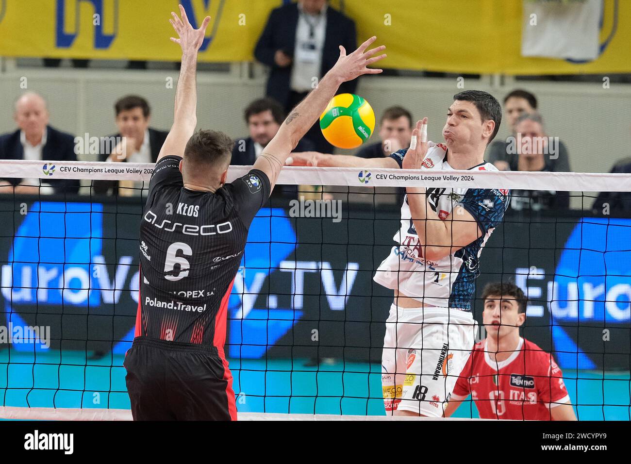 Trento, Italy. 17th Jan, 2024. Marko Podrascanin of ITAS Trentino Volley in action during the match between ITAS Trentino Volley and Asseco Resovia Rzeszow, valid for Pool B of CEV Men Volley Champions League 2023/2024 at Il T Quotidiano Arena on January 16, 2023, Trento, Italy. Credit: Independent Photo Agency/Alamy Live News Stock Photo