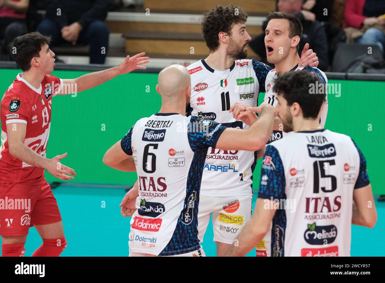 Trento, Italy. 17th Jan, 2024. ITAS Trentino celebrates after scores a point during the match between ITAS Trentino Volley and Asseco Resovia Rzeszow, valid for Pool B of CEV Men Volley Champions League 2023/2024 at Il T Quotidiano Arena on January 16, 2023, Trento, Italy. Credit: Independent Photo Agency/Alamy Live News Stock Photo