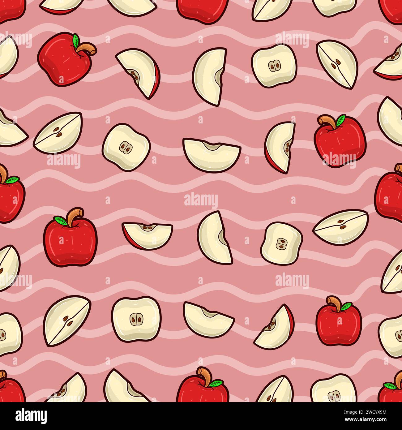 Apple Fruit Seamless Pattern in Cartoon Style. Perfect For Background, Backdrop, Wallpaper and Cover Packaging. Vector Illustration. Stock Vector