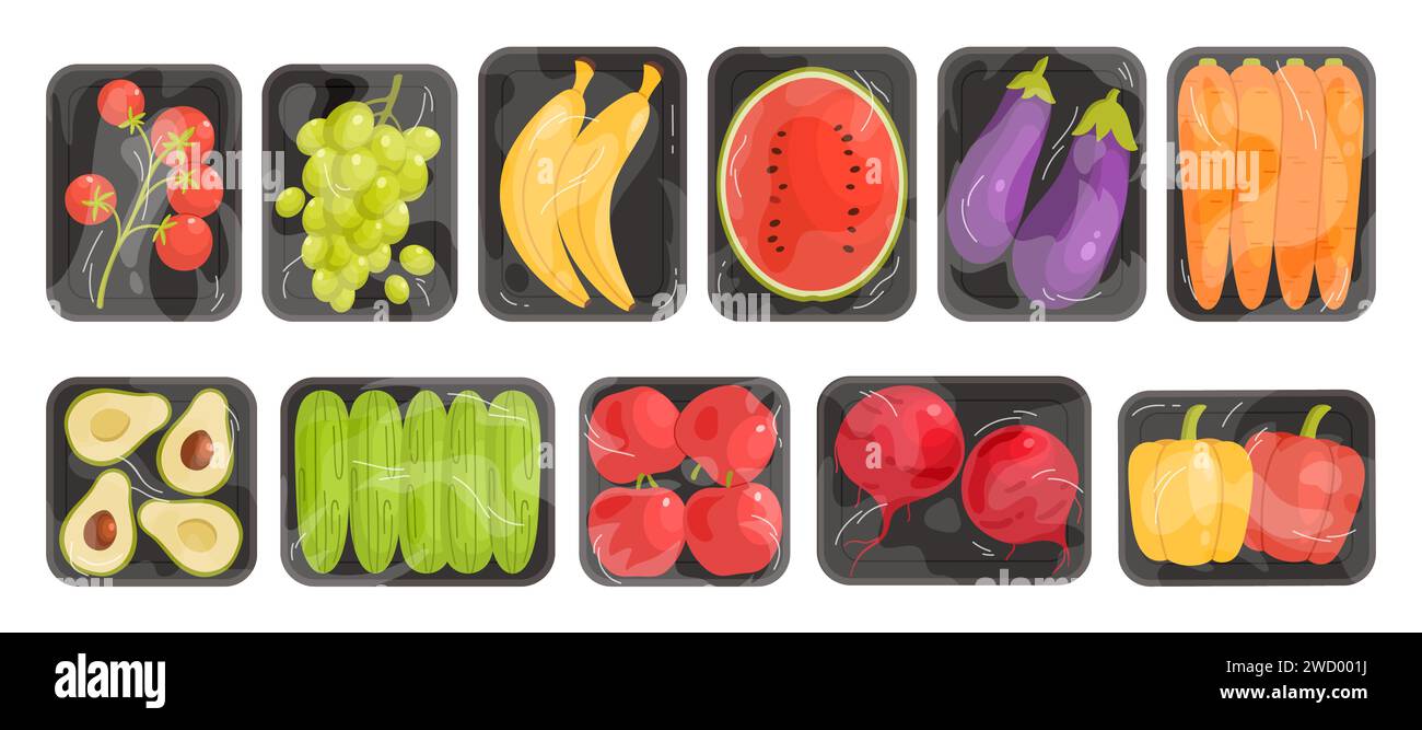 Vegetables and fruits in supermarket trays with clear wrap. Transparent film on styrofoam box