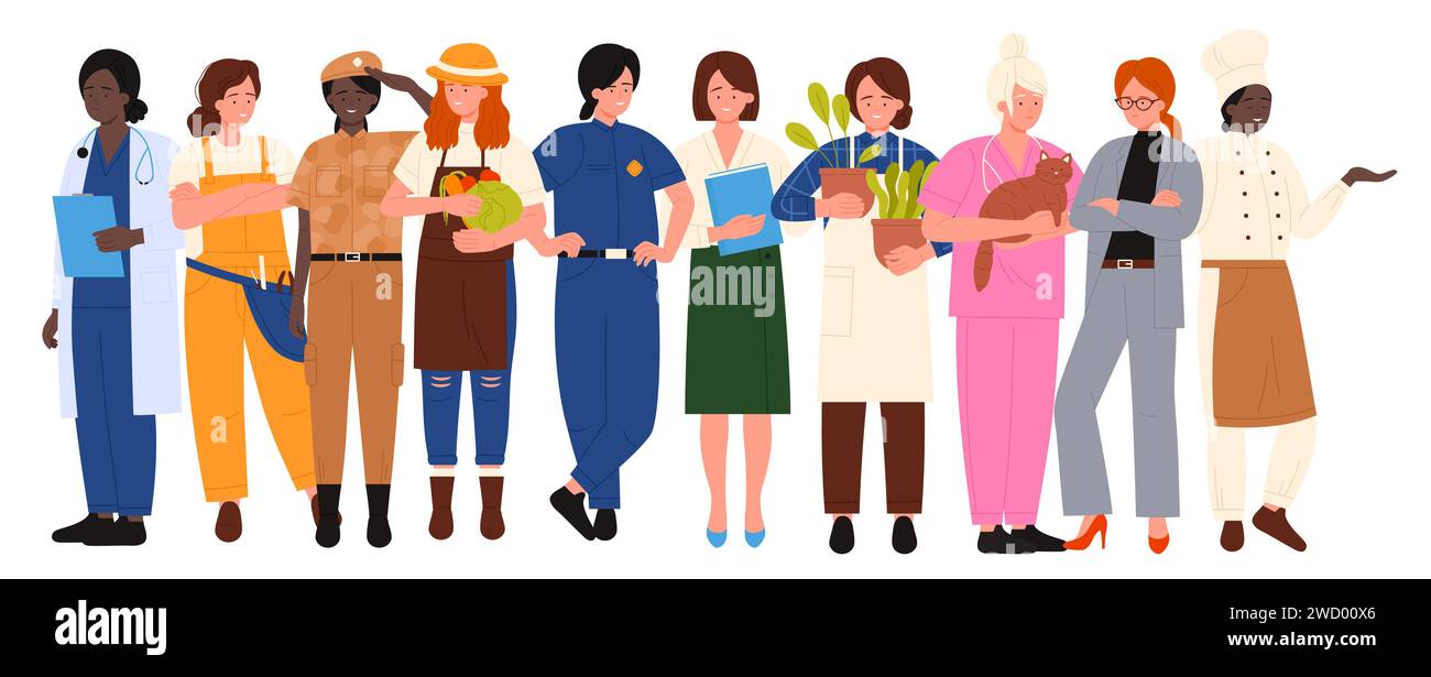 Women of different professions together vector illustration. Cartoon isolated many girls in professional clothes standing, woman judge and scientist, driver and flight attendant astronaut and ceramist Stock Vector