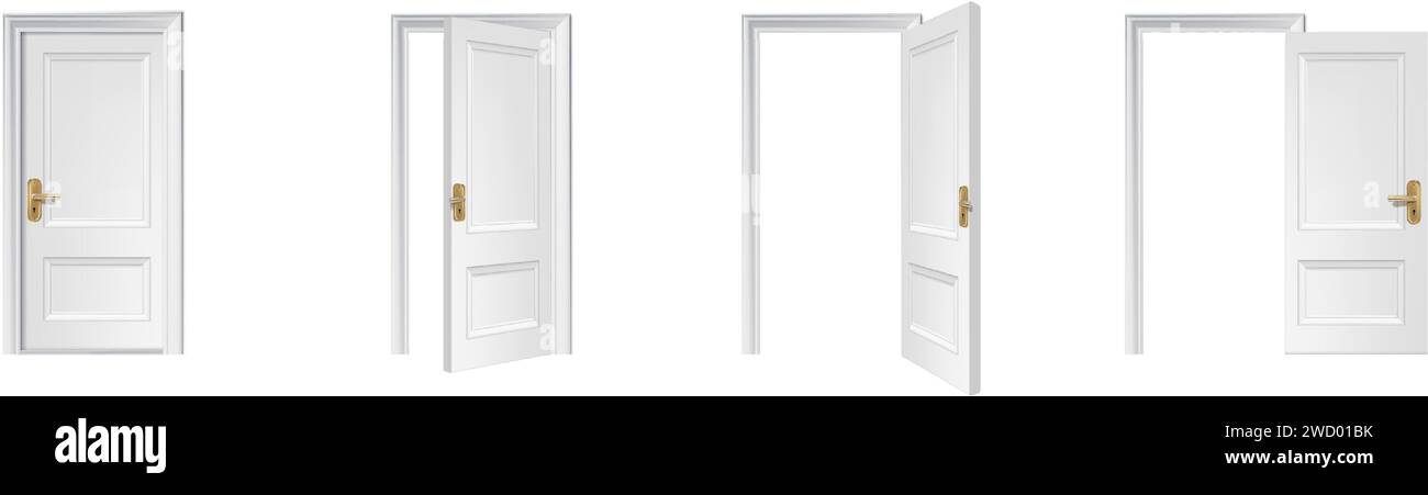 3d realistic vector icon illustration. White wooden door opened and ...