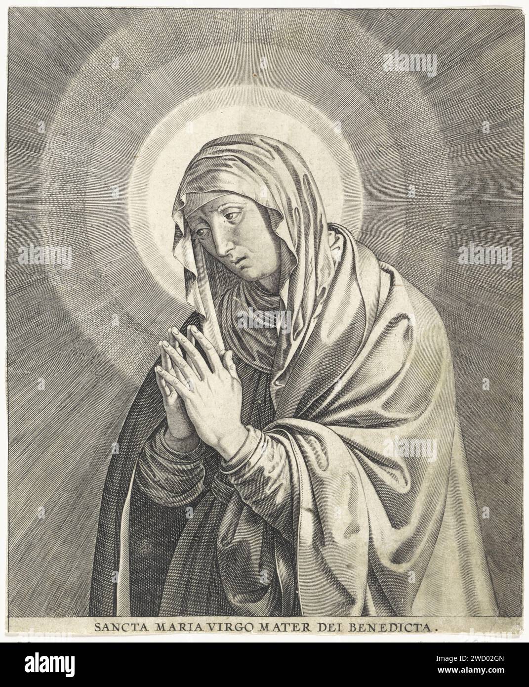 Maria als Mater Dolorosa, Hieronymus Wierix, 1563 - before 1612 print The grieving Mary with her hands folded in prayer. A halo behind her head. Antwerp paper engraving 'Painful Mater' Stock Photo