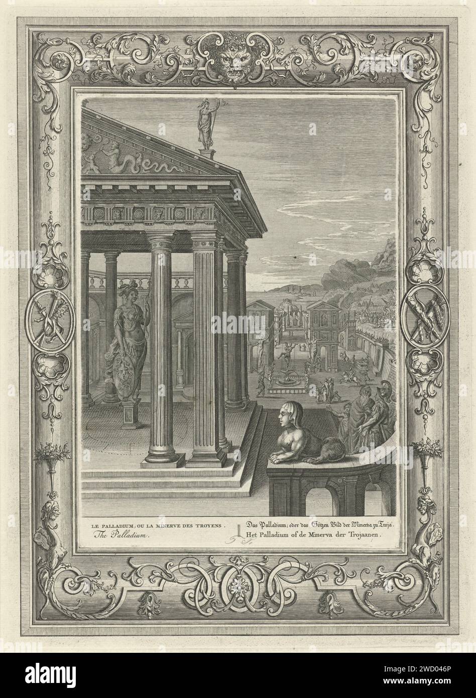 Tempel van Minerva te Troje, Bernard Picart (workshop of), after Bernard Picart, 1733 print In the foreground the temple with the Trojan cult image of Minerva (Palladium). In the background a face on the city. In the margin the title in French, English, German and Dutch. The performance is decorated with an ornamental edge. Amsterdam paper etching / engraving the Temple (in general)  Jewish religion. (story of) Minerva (Pallas, Athena). scrollwork, strapwork  ornament Stock Photo