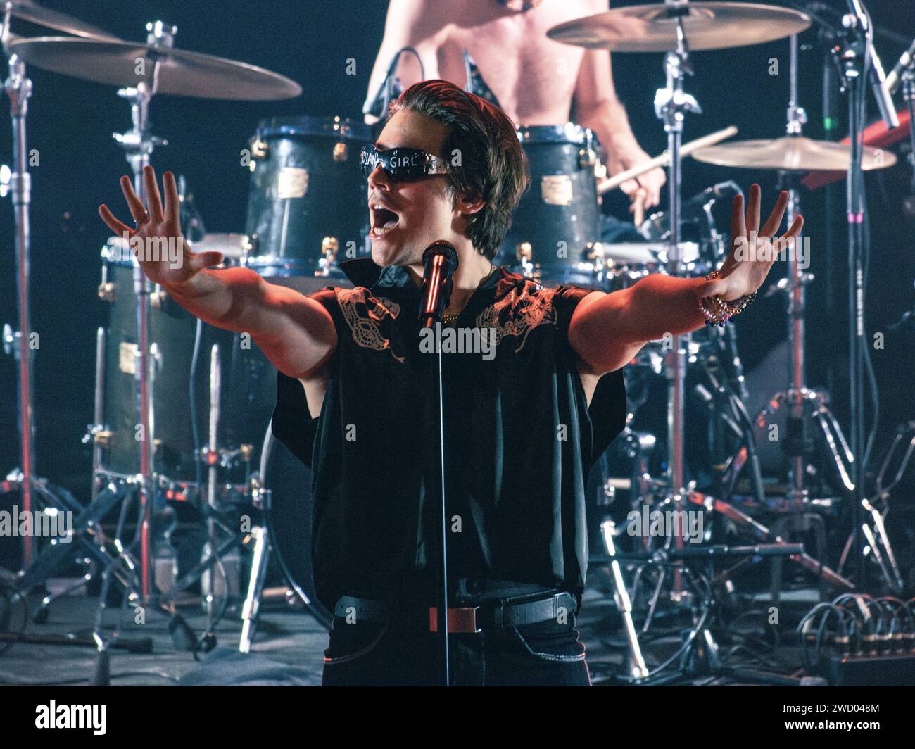 Bojan Cvjetićanin of Joker Out wearing sunglasses from the audience that read 'Bojan Girl' on stage at Paard, Den Haag, The Netherlands 05/12/23 Stock Photo