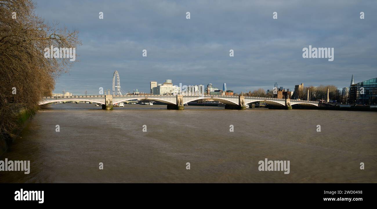 7 Jan 2024 - LondonUK : panoramic view of Lambeth bridge over river thames in london under cloudy sky Stock Photo