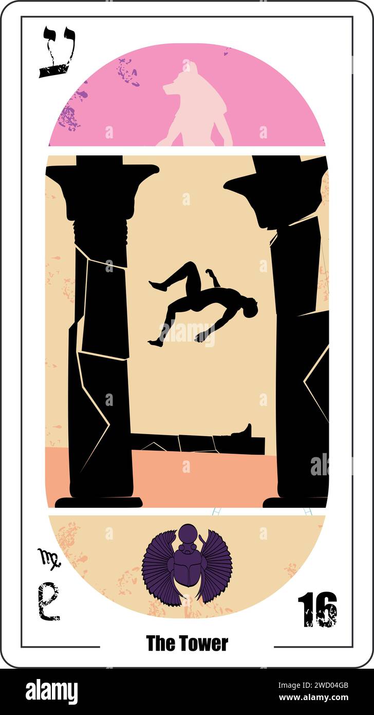 Egyptian tarot card number sixteen, called the tower. Silhouette of