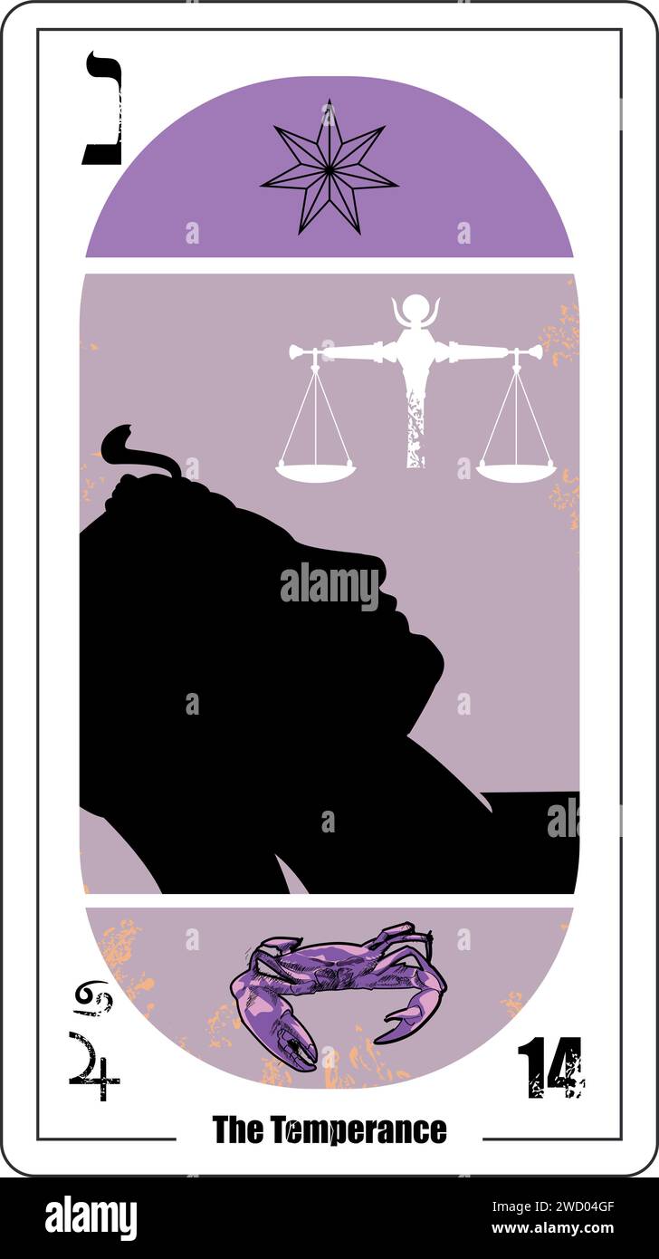 Egyptian tarot card number fourteen, called Temperance. Silhouette of a woman's face lying next to a scale and seven-pointed star. Stock Vector