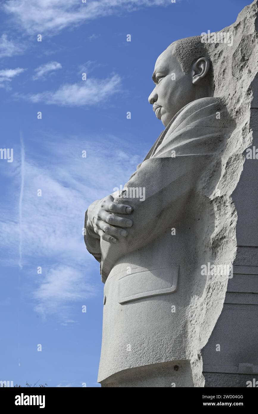 Powerful rendering of Dr. Martin Luther King, Jr., in profile, sculpted in granite by Lei Yixin, located in West Potomac Park, Washington DC Stock Photo
