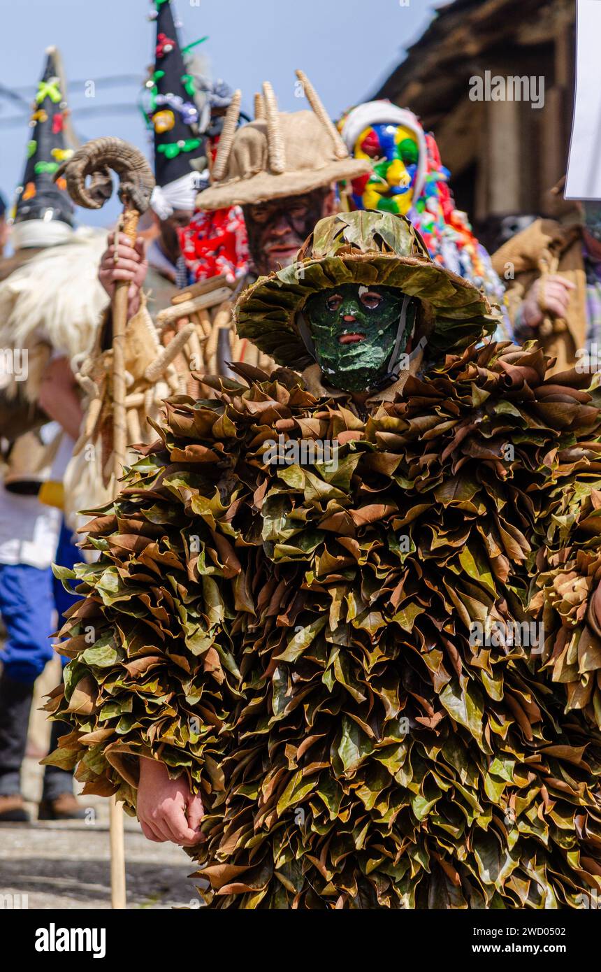 traditional masks of the carnival of La Vijanera in the village of Silio, Cantabria. Stock Photo