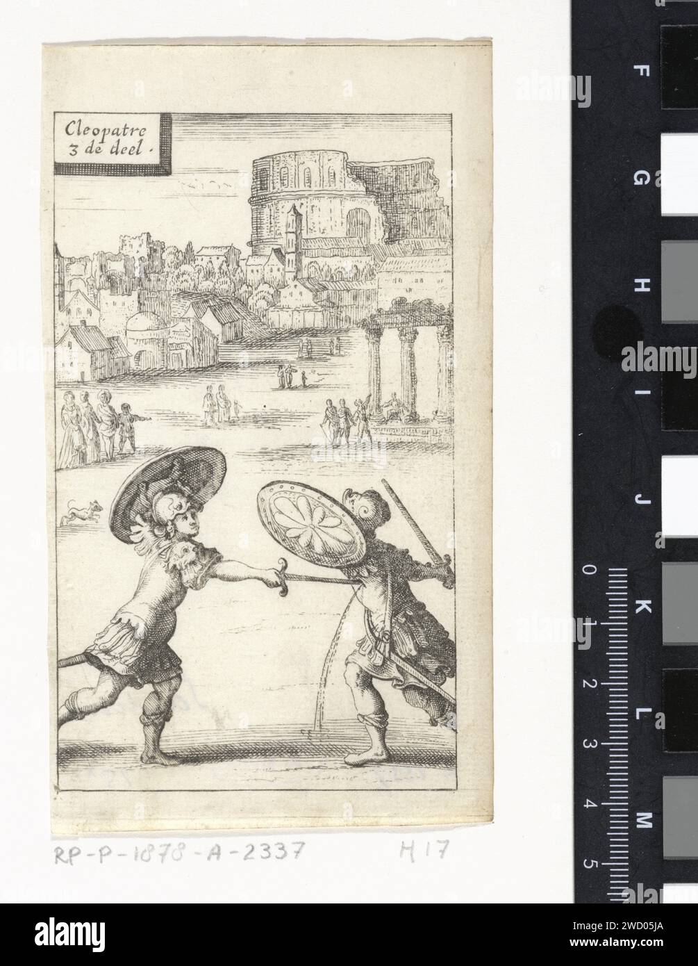 Two fighting men in armor, Abraham Dircksz. Santvoort, 1667 print In the front, two men, soldiers or gladiators. The left man puts the right man in his side. Some people watch. In the distance a city, Rome (?) With, among other things, a church and a partly expired amphitheater. print maker: Netherlandspublisher: Amsterdam paper etching title-page. fight of gladiators. the soldier; the soldier's life. fighting. ruin of a building  architecture. theatre (building) - AA - open-air performances. city-view, and landscape with man-made constructions (+ city(-scape) with figures, staffage) Stock Photo