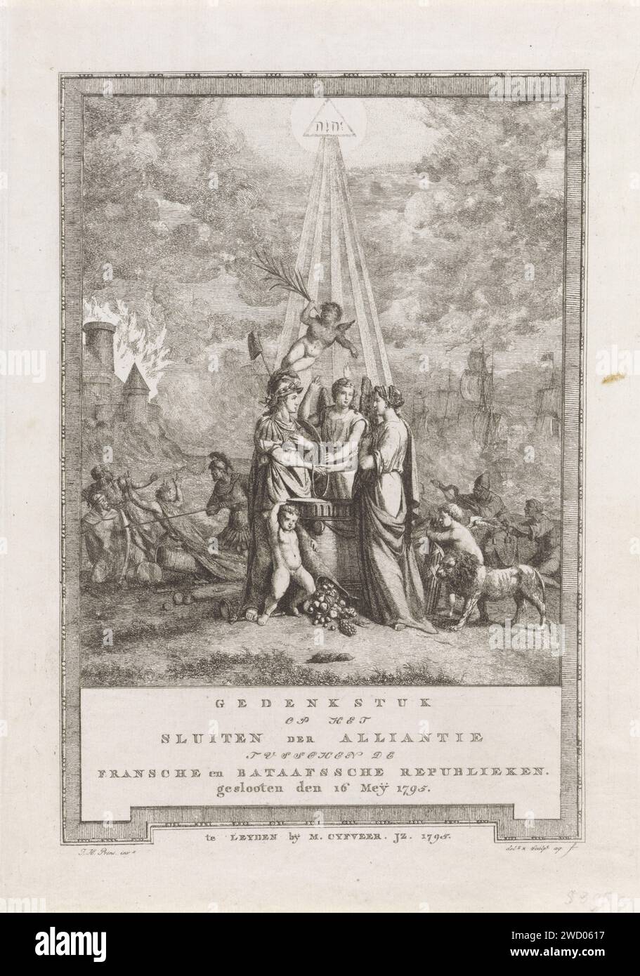 Allegory at the closing of the Alliance, 1795, Johannes Huibert Prins, 1795 print Allegory at the closing of the alliance between the Batavian and French Republics, 16 May 1795. The angel of freedom blesses the Eternal Covenant between the French and the Dutch Virgin. In the background war on land and at sea, on the left, list and deception are chased away. print maker: Netherlandspublisher: Leiden paper etching Freedom, Liberty; 'LibertÃ ' (Ripa) (+ symbolical representation of concept). alliance, league, union, foedus Stock Photo