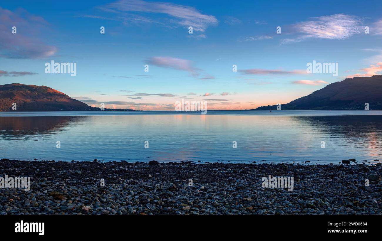 View from Warrenpoint, Northern Ireland, of a beautiful sunset over Carlingford Lough Stock Photo