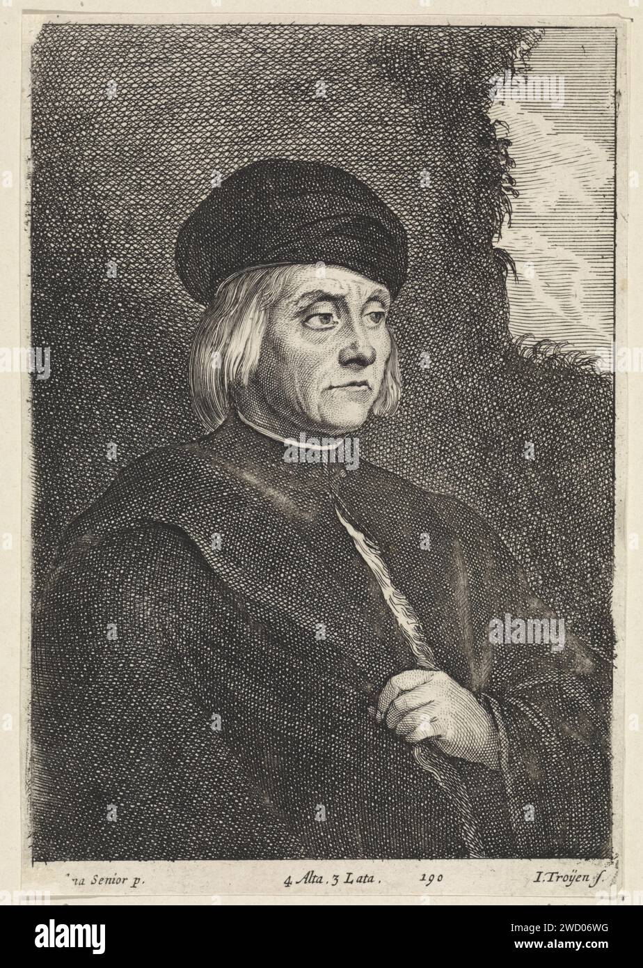 Portrait of an unknown man, Jan van Troyen, After David Teniers (II), After Jacopo Palma (Il Vecchio), 1673 - 1700 print Portrait of an unknown man, with a beret on the head, to the right. Brussels paper engraving / etching head-gear: cap (+ men's clothes) Stock Photo