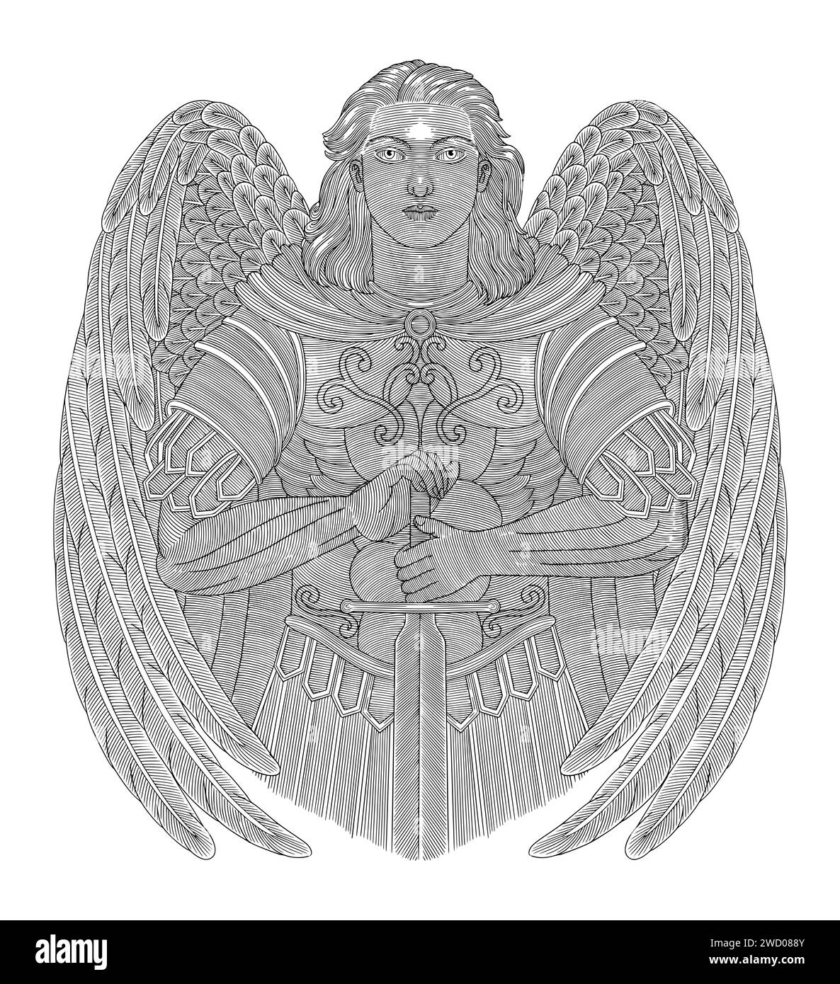 Archangel michael holding sword, Vintage engraving drawing style illustration Stock Vector