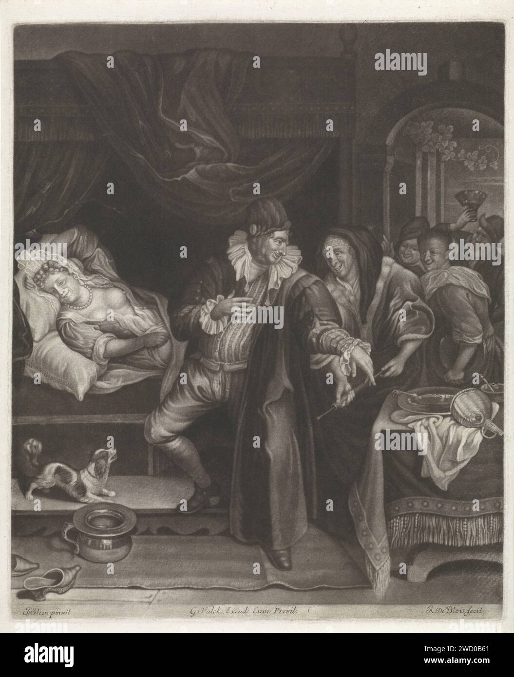 Sickbed, Abraham de Blois, after Jan Havicksz. Steen, 1679 - 1726 print A doctor visits a sick woman on her sickbed. There is a PO next to the bed. A dog barks to the doctor. Behind him are four people, one of which looks in a glass. Amsterdam paper engraving sick-bed. physician, doctor. dog Stock Photo