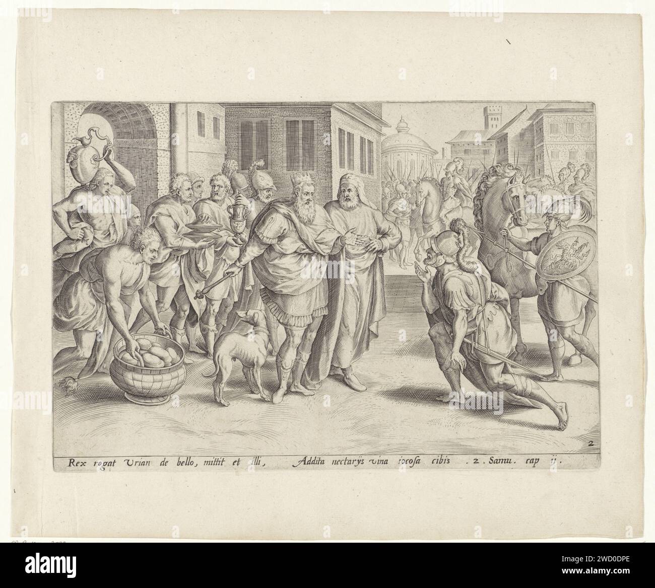 Uria called back by David from the war, Johann Sadeler (I) (Attributed to), after Marten van Cleve (I), 1596 - 1643 print King David has recalled Uria, the man of Batseba, from the war. Uria kneels, dressed in his armor, for him. At Uria, David urges you to relax and to take on the wine and feeds brought by servants. Uria, however, does not go home to sleep with his wife Batseba. Under the show a reference in Latin to the Bible text in 2 SAM. 11. Amsterdam paper engraving David speaks to Uriah. the soldier; the soldier's life Stock Photo