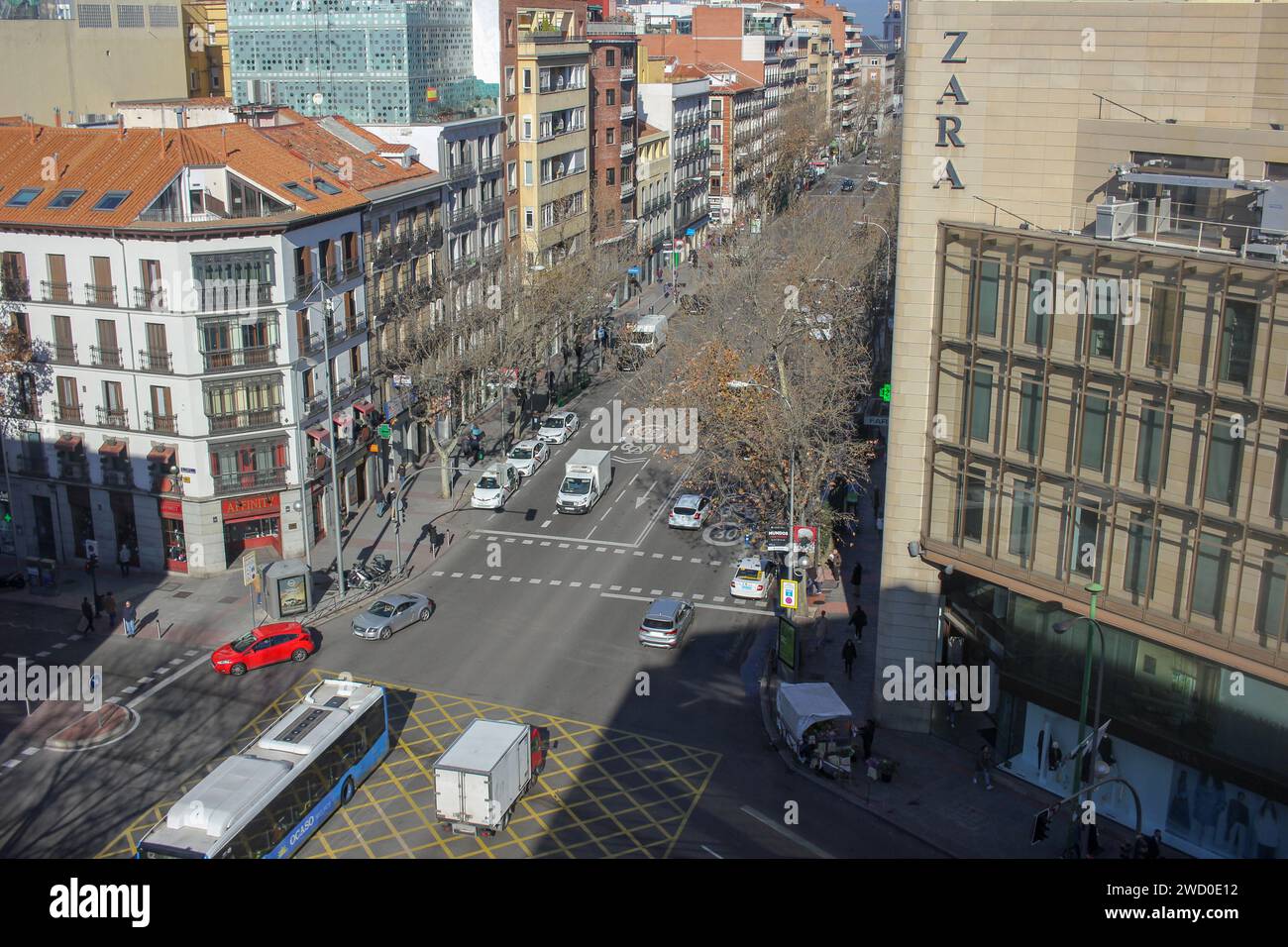 Madrid, Spain - 02 20 2023 : A view of a street in Madrid from El Corte Ingles building in Goya Stock Photo