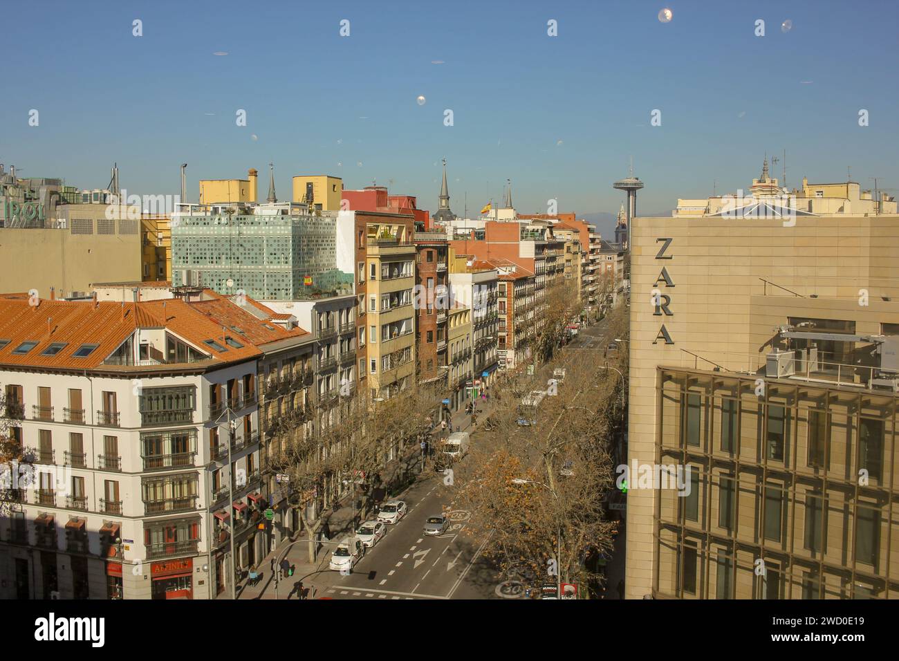 Madrid, Spain - 02 20 2023 : A view of a street in Madrid from El Corte Ingles building in Goya Stock Photo