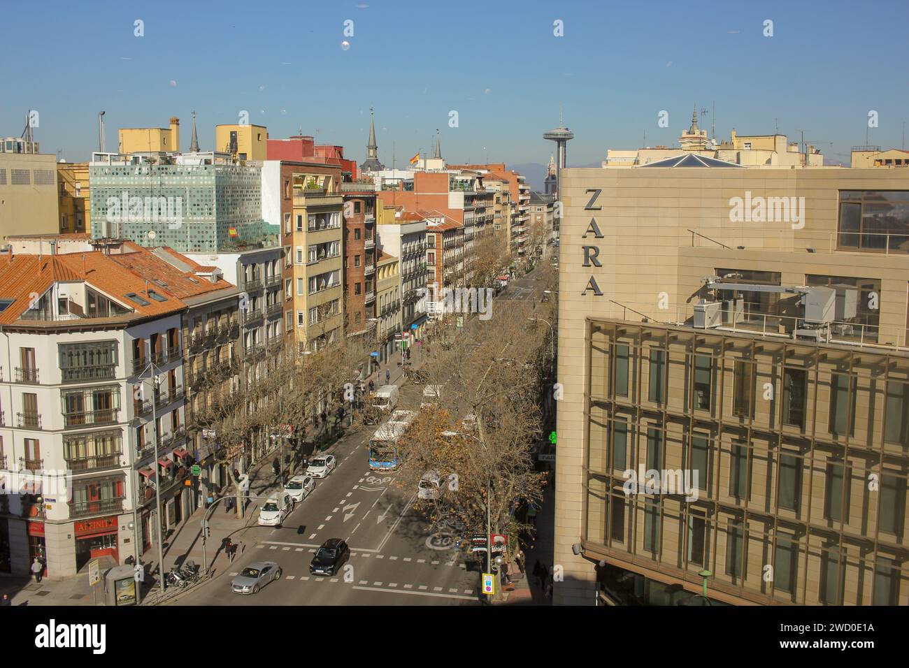 Madrid, Spain - 02 20 2023 : A view of a street in Madrid from El Corte Ingles building in Goya Stock Photo