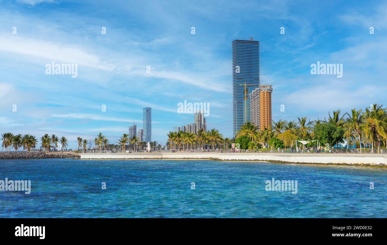 View of Jeddah skyscrapers from the public beach. Stock Photo