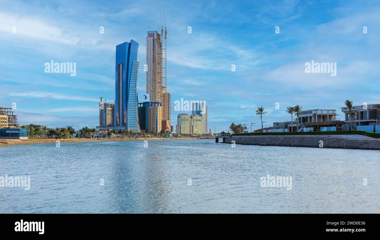 View of Jeddah skyscrapers from the public beach. Stock Photo